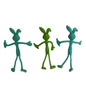 Vintage 3 Bunny Rabbits Bendy Rubber Flexible Bendable Easter 5.5” Teal Green